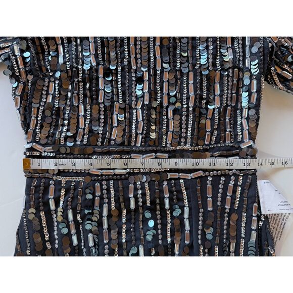 NWT Mac Duggal Embellished High Neck Long Sleeve Fitted Dress in Charcoal Gray 4 - Picture 15 of 16